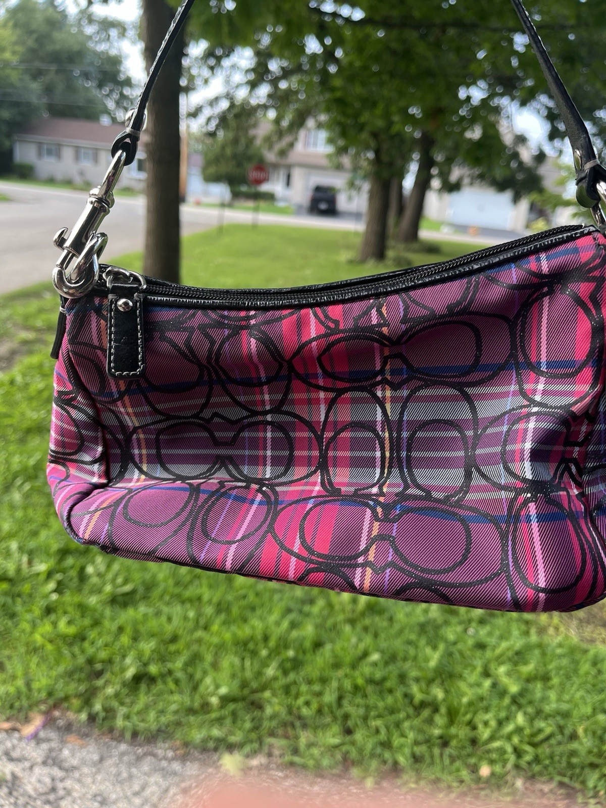Y2K Coach Mini Tartan Black/Purple/pink Handbag Top Handle Clutch Bag Plaid