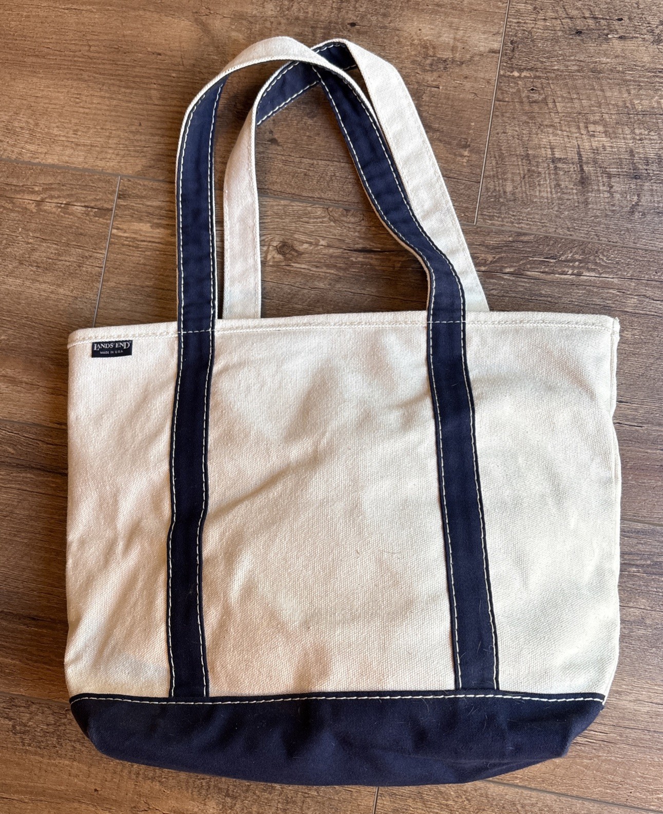 Lands’ End Canvas Tote Bag Large Navy & Cream Cotton Made in USA 18x13x6 inches