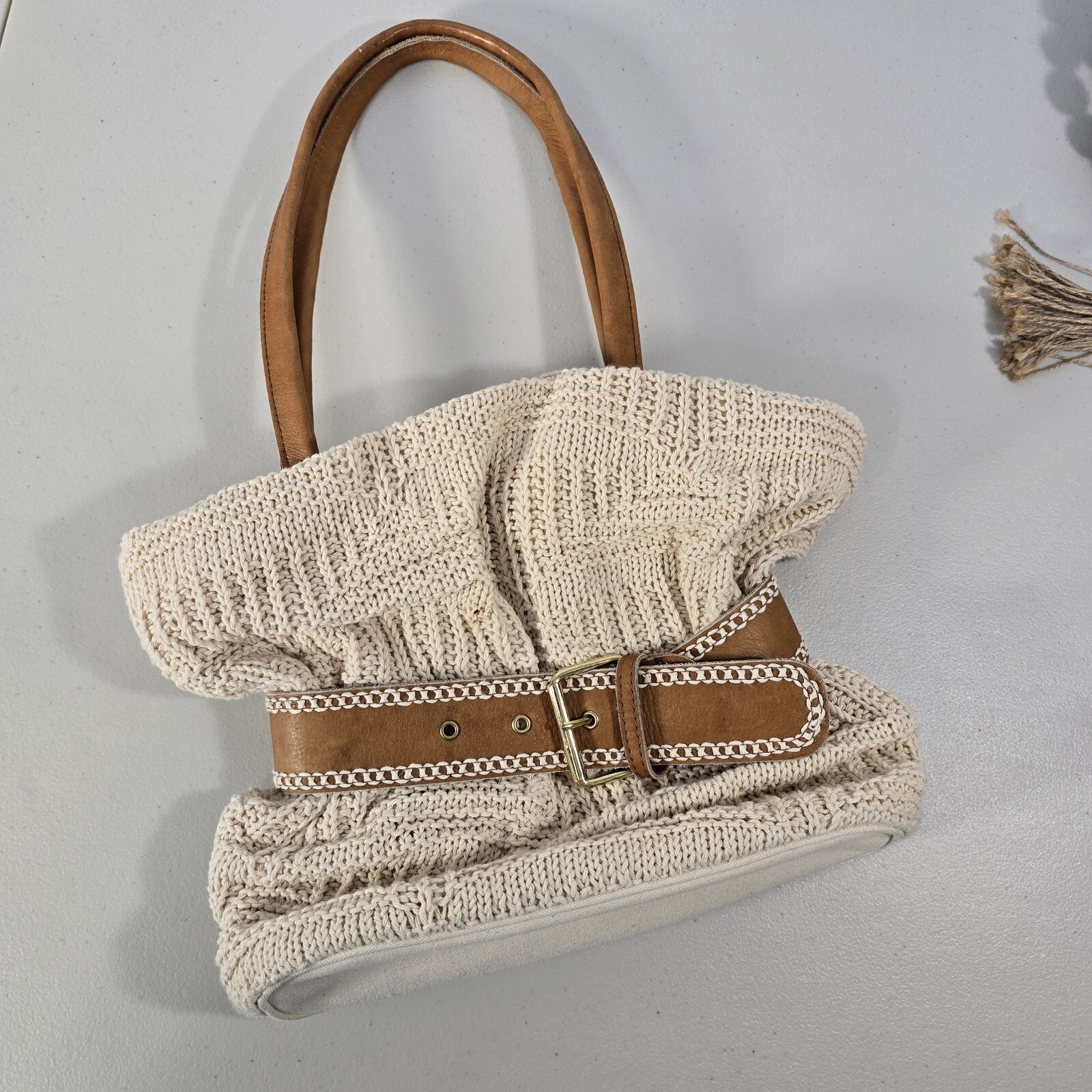 BONFANTI ITALY Natural Knit Cotton GENUINE LEATHER Trim Shoulder Bag Purse Beige