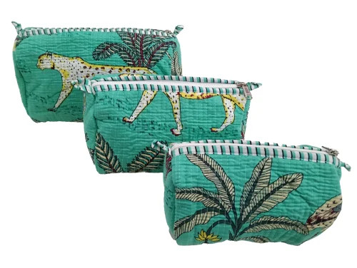 Set of 3 Hand Block Print Cotton Toiletry Bag Quilted Travel Pouches Teal
