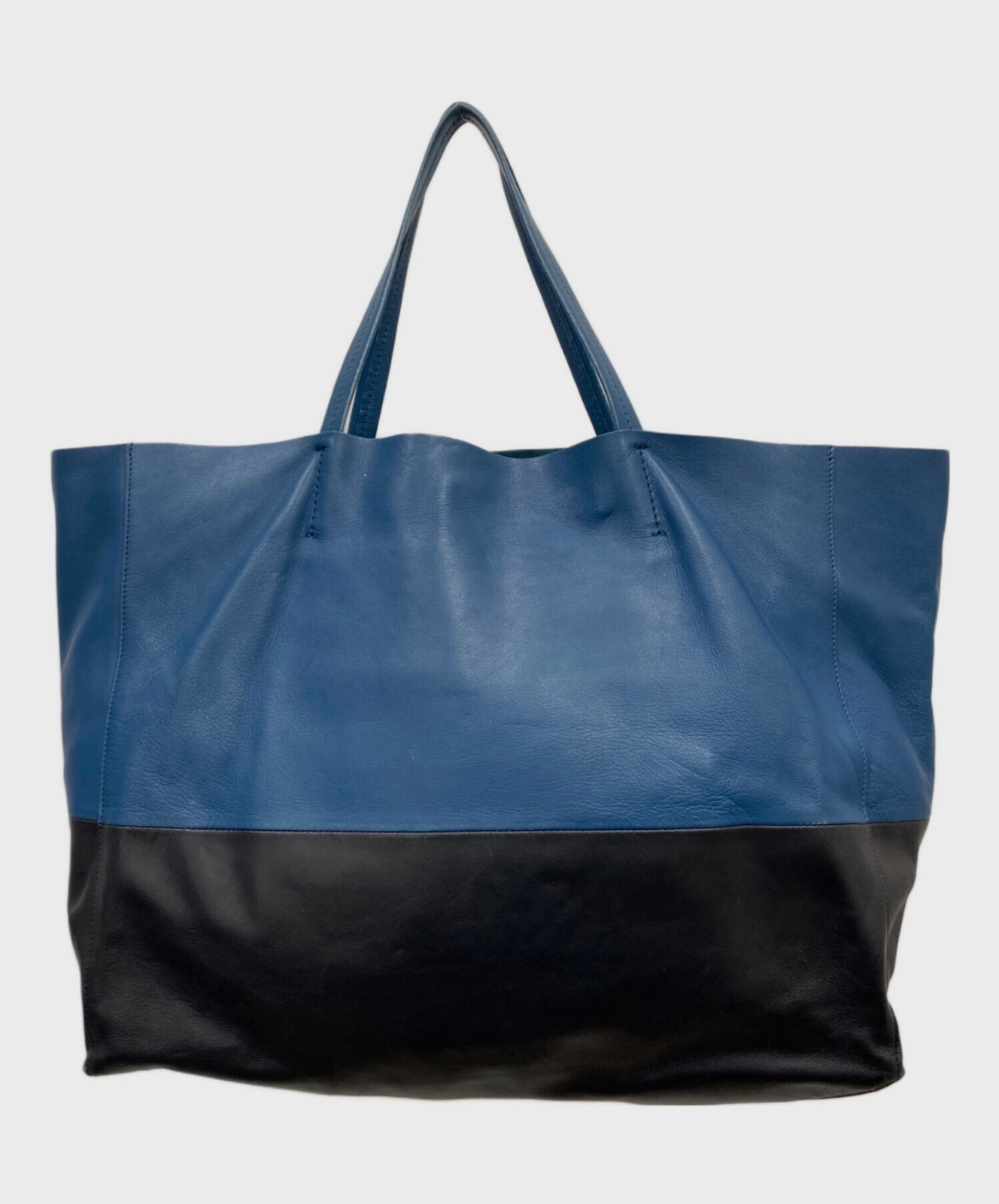 CELINE Horizontal Cabas Tote Bag Blue Black Bicolor Leather A4 Italy Authentic
