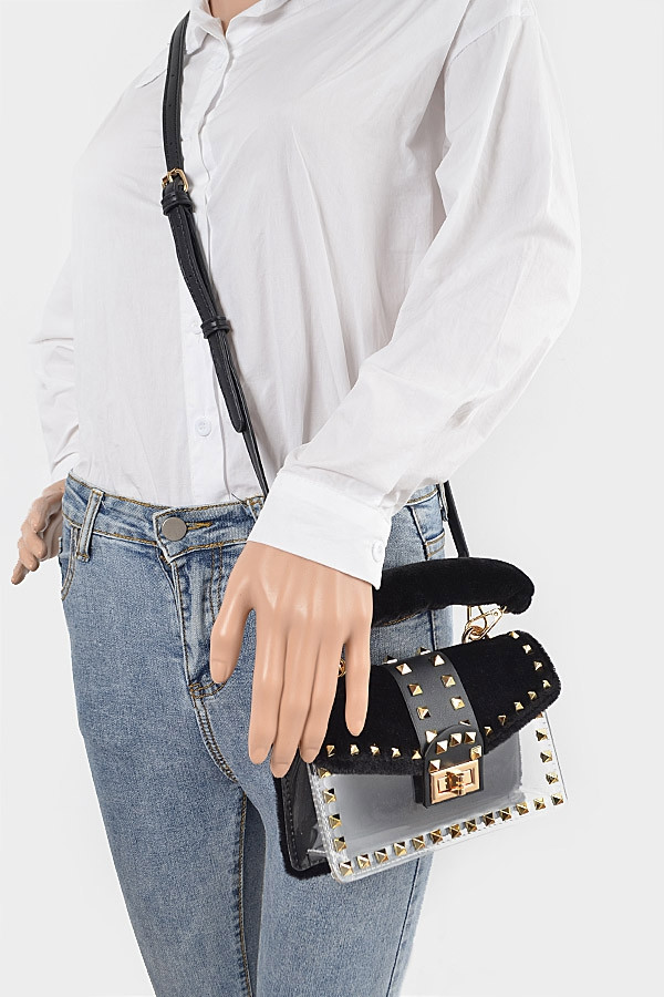 handbags women Faux Fur Clear Studded Bag WITH FAUX FUR POUCH AND SHOULDER STRAP