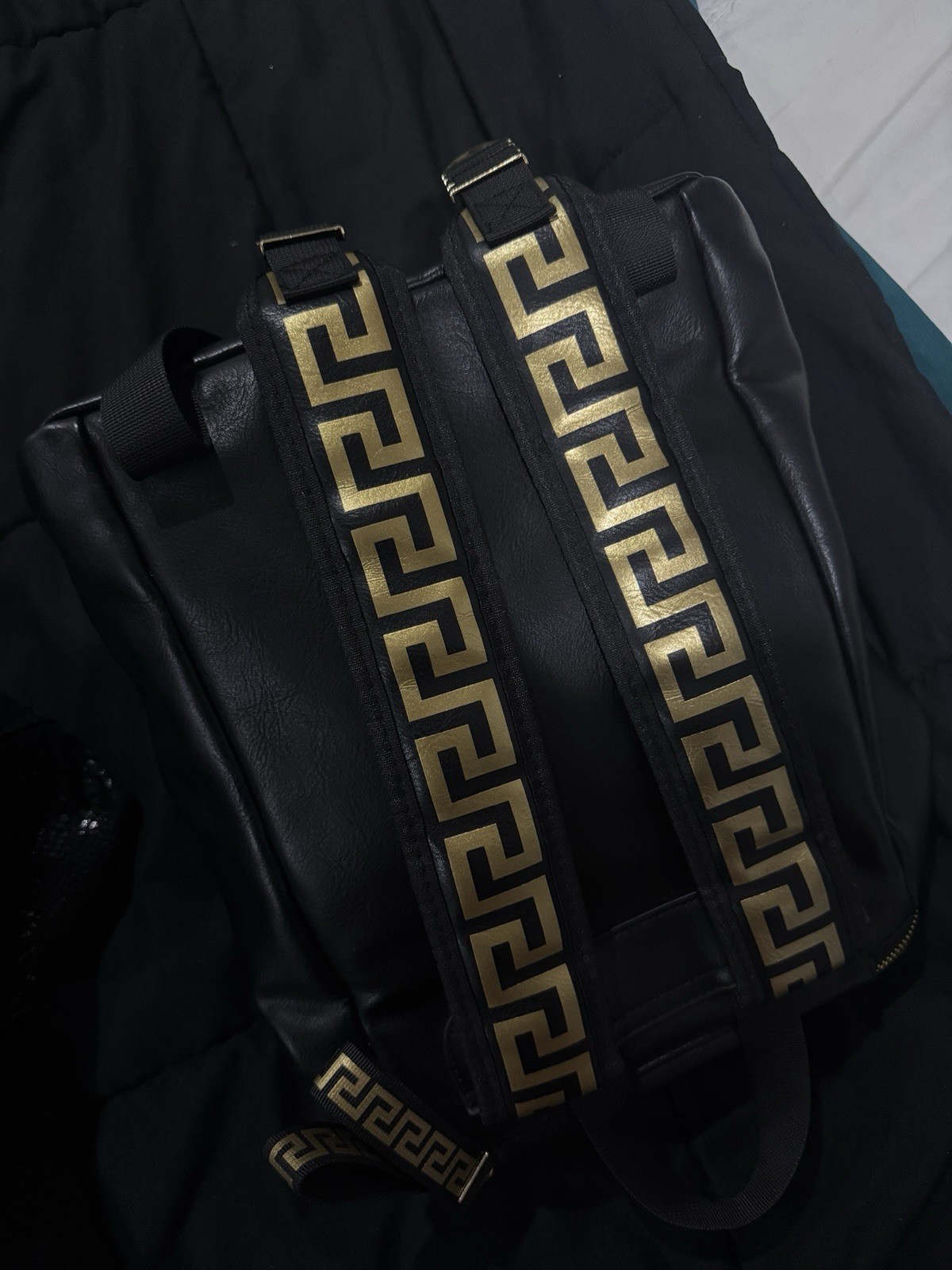 Authentic Versace Parfums Black Backpack Medusa Gold Greek Key Greca Straps