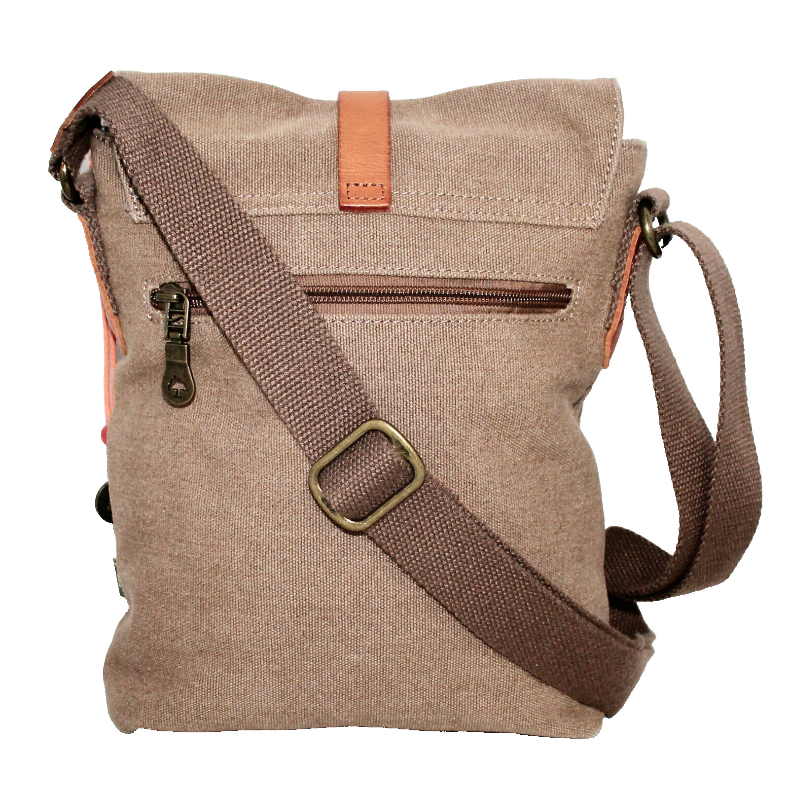 TSD BRAND Four Season Crossbody Bag Coffee Brown Cotton Canvas Leather Trim