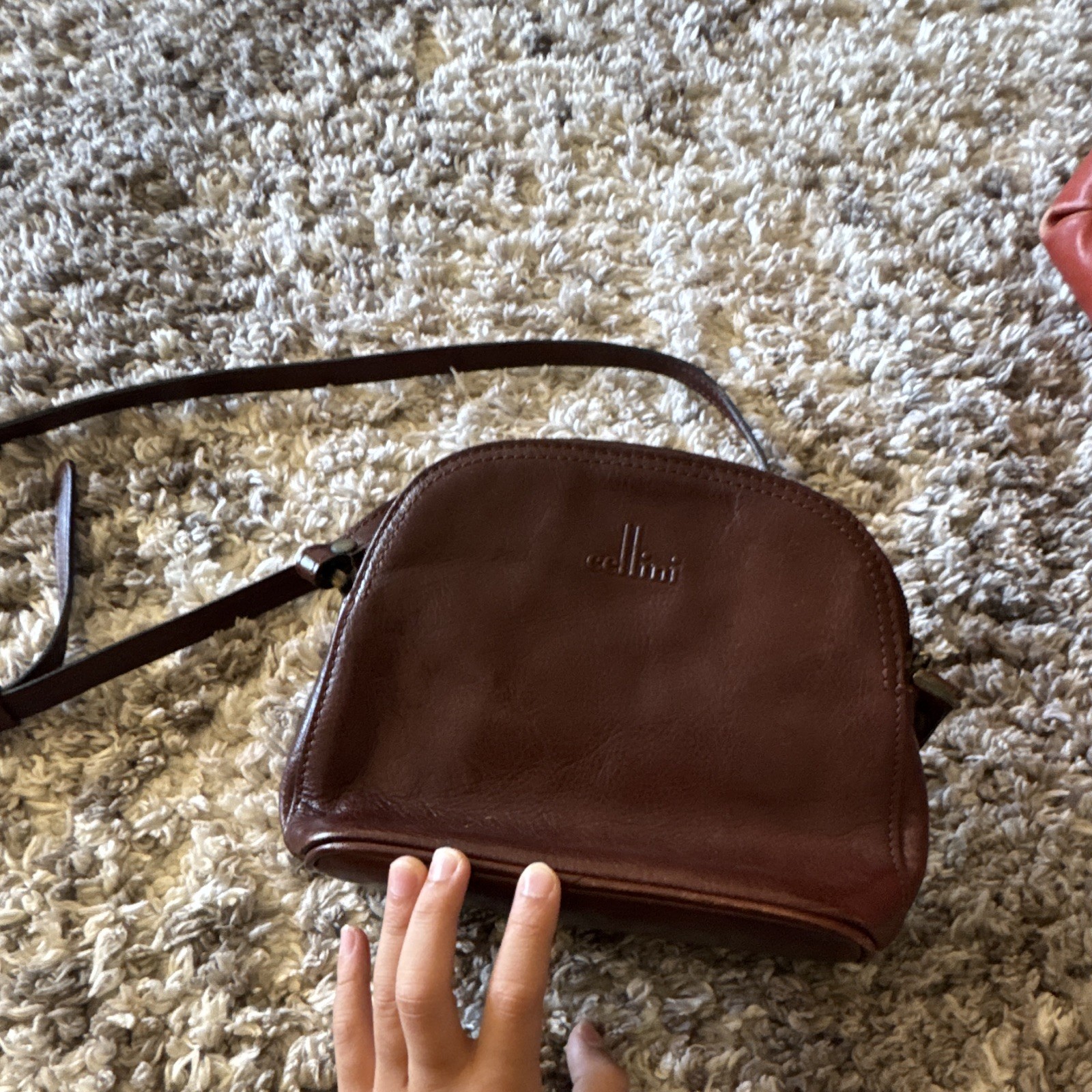 Cellini Brown Distressed Zip Crossbody, Lined Inner Pockets, Silver Hardware
