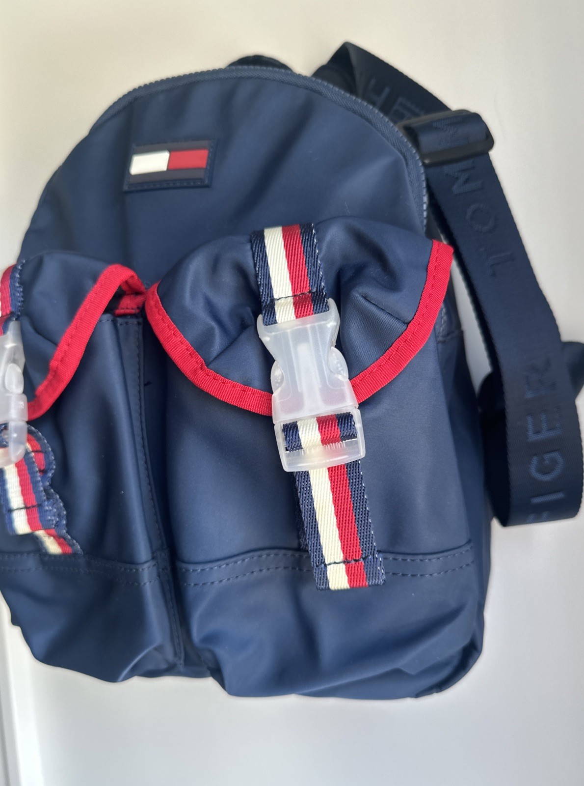Tommy Hilfiger Navy Blue & Red Nylon Small Backpack