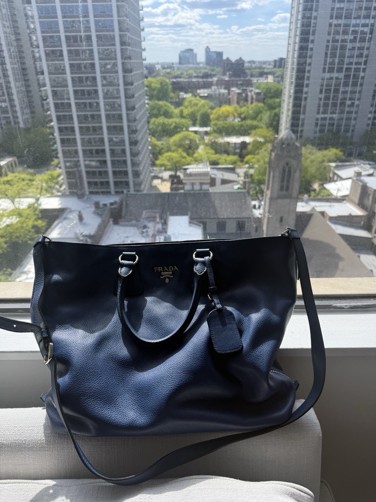 PRADA Blue Tote Adjustable Strap Double Handles Silver Hardware Logo Brand Card