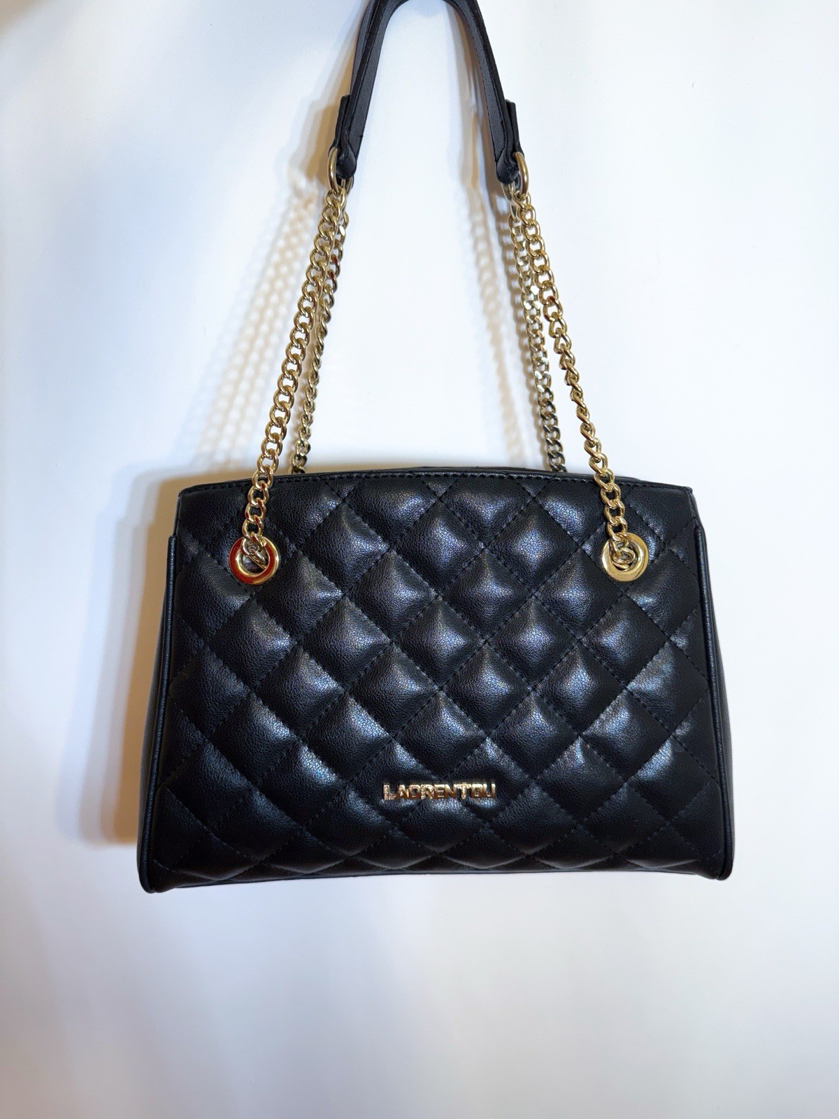 Quilted Genuine Cowhide Leather Office Work Chain Bag Black 10.5×4.5×7.5”