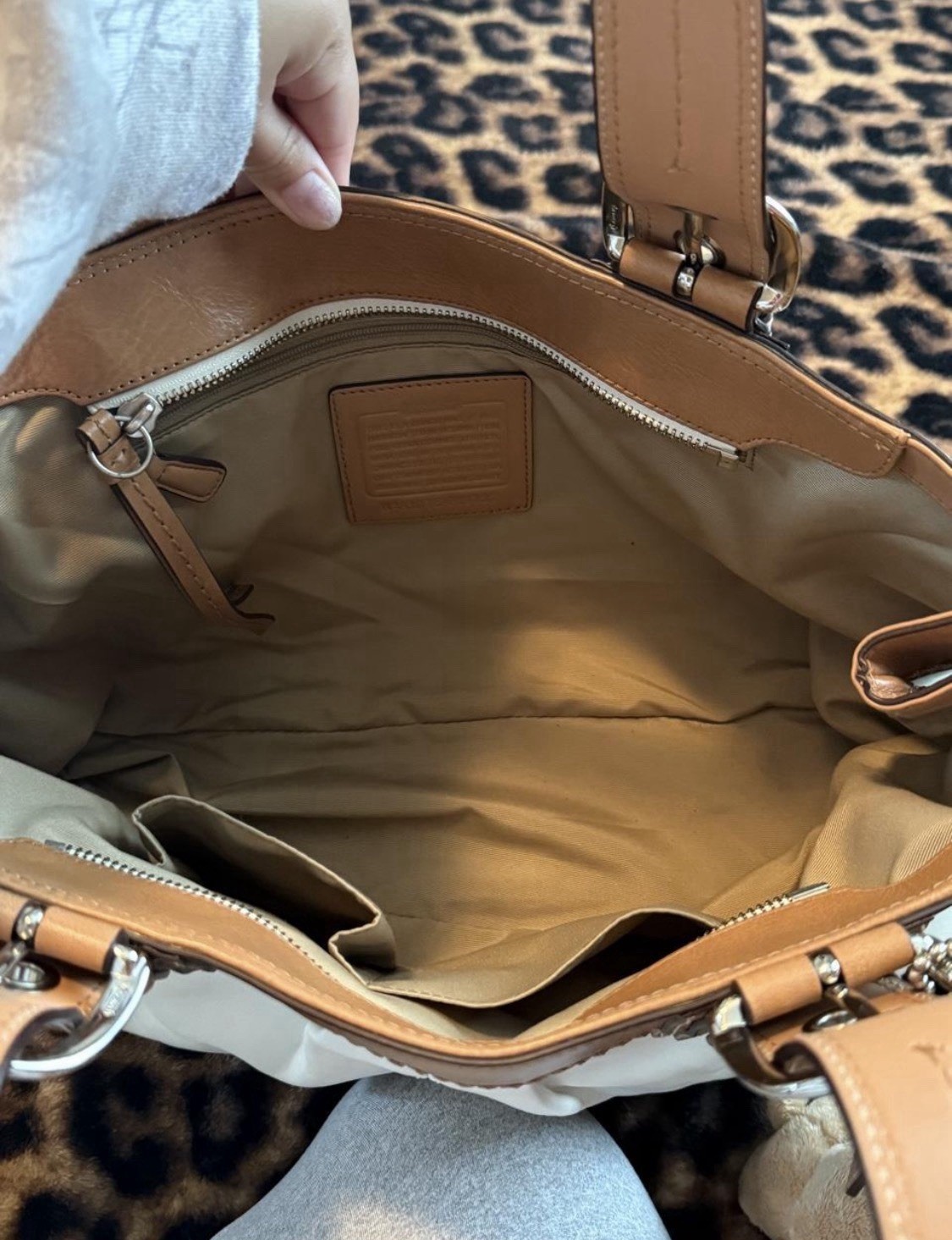 Coach White/Brown Shoulder Bag Zip Double Handles Teddy Bear Charm Silver