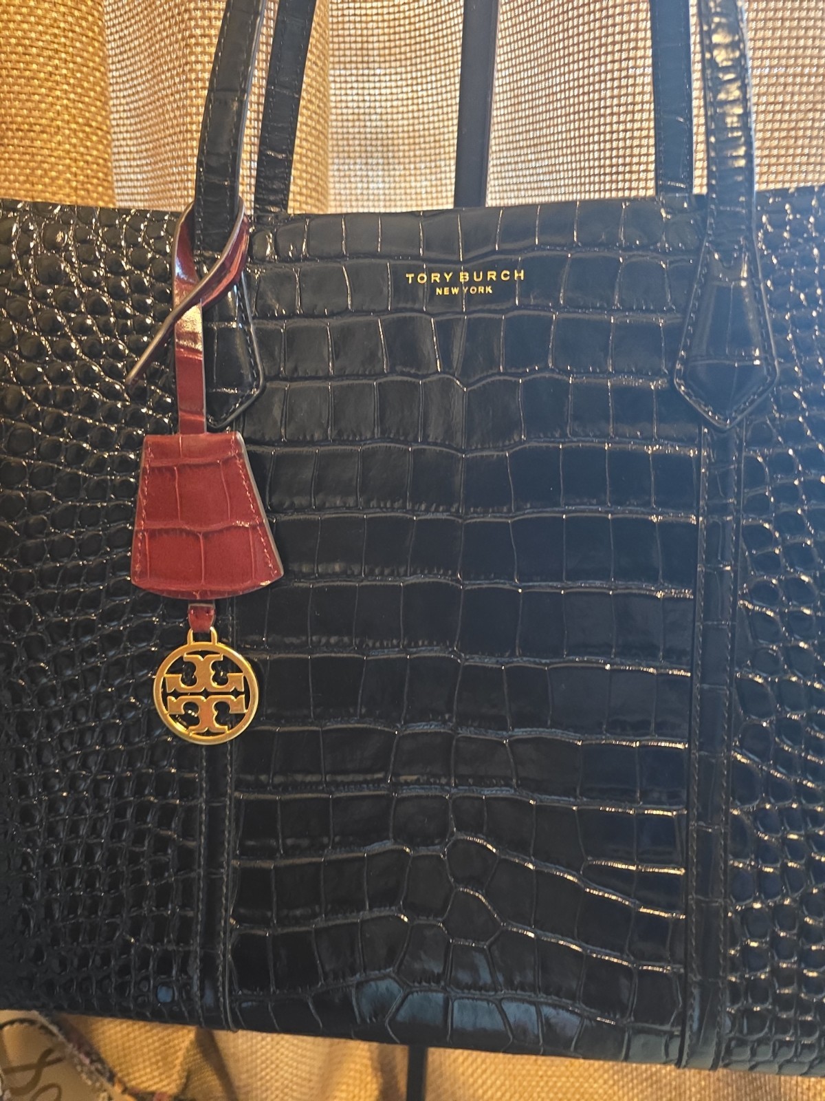 Tory Burch Perry Black Croc Embossed Triple Compartment Zip Tote Bag