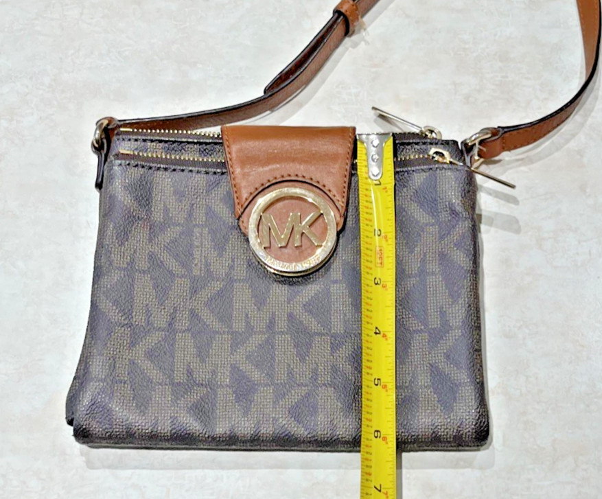 MICHAEL KORS Brown Monogram Pebbled Leather Small Fulton Crossbody Bag Brown