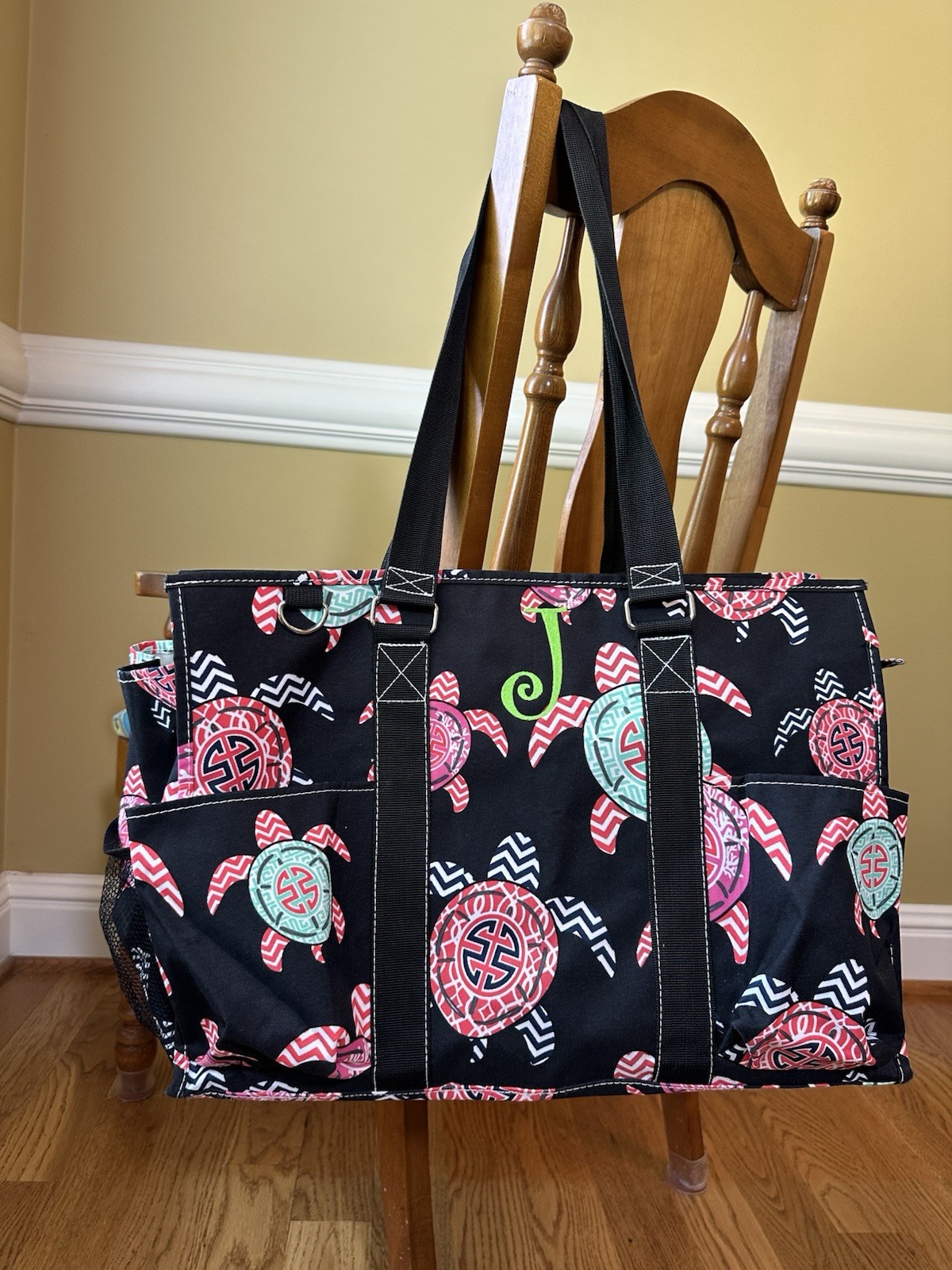 Turtle Tote Bag by N. Gil Large Black Water Resistant Top Zip, pockets Intial J
