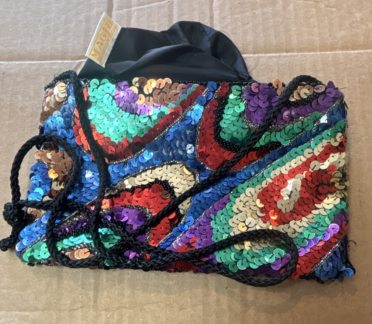 Vintage Magid Multicolor Iridescent Sequin Clutch Bag 80s 90s Black Rope Strap