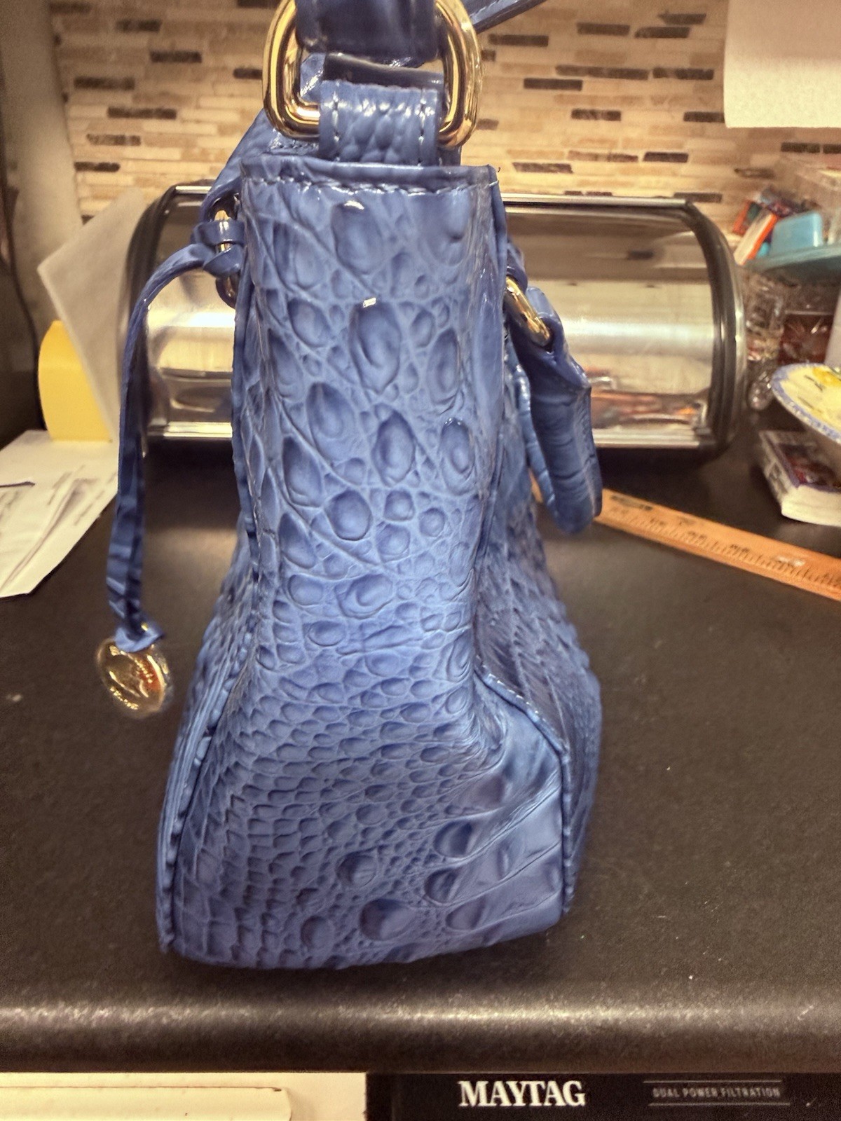 Brahmin Small Lena Satchel Croc Iris Blue Leather Shoulder Handbag Vtg Unused