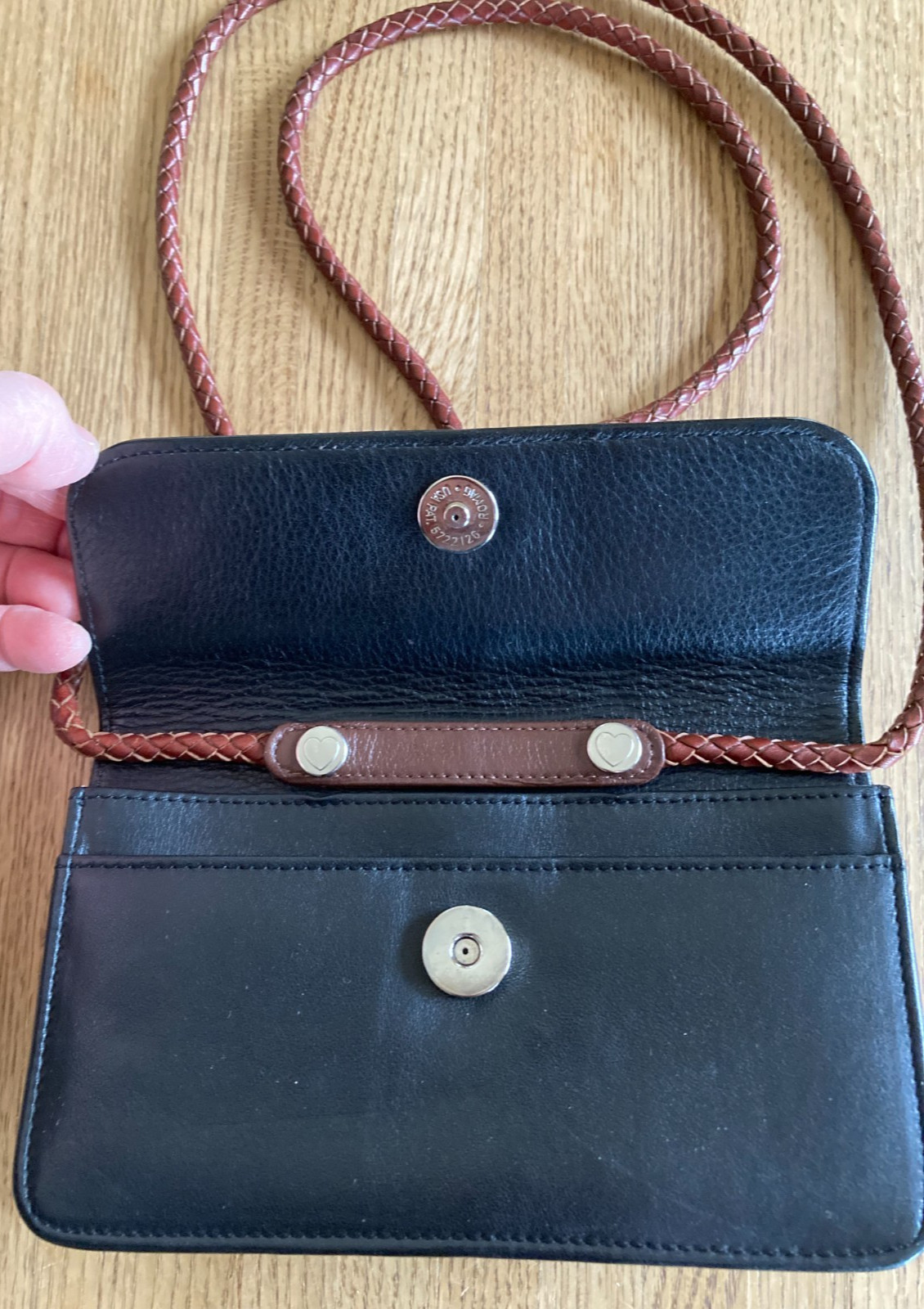 Brighton Black Brown Embossed Leather Flap Snap Zip Crossbody Clutch Organizer