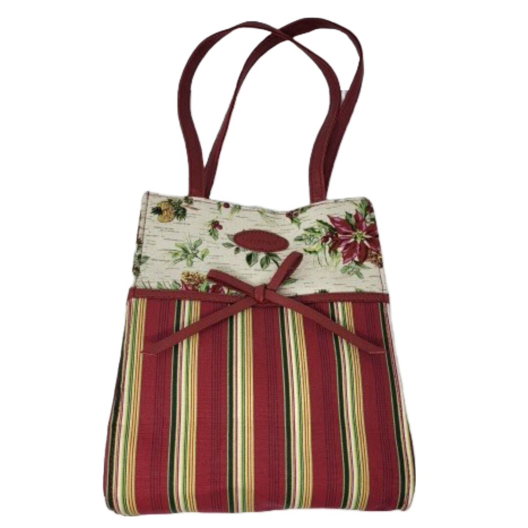 Longaberger Christmas Small Tote Bag Poinsettia Stripes Print Lined 9.5in x7.5in