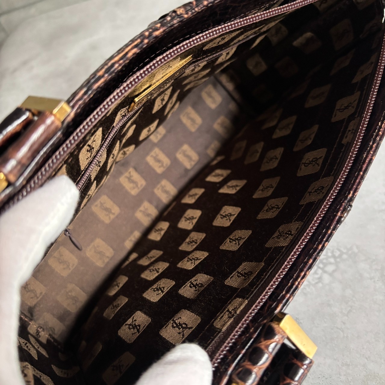 Yves Saint Laurent YSL Vintage ReddishBrowns Croc Embossed Leather Tote