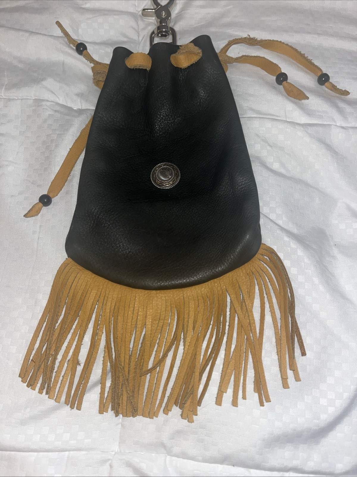Western Style Leather Pouch Motorcycle Drawstring Tassels Hook Decorative Concho