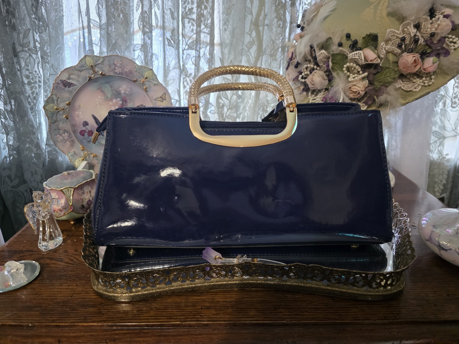 Elegant Patent Leather Bag/Crossbody Purse Glossy Royal Blue Gold Accent PU New