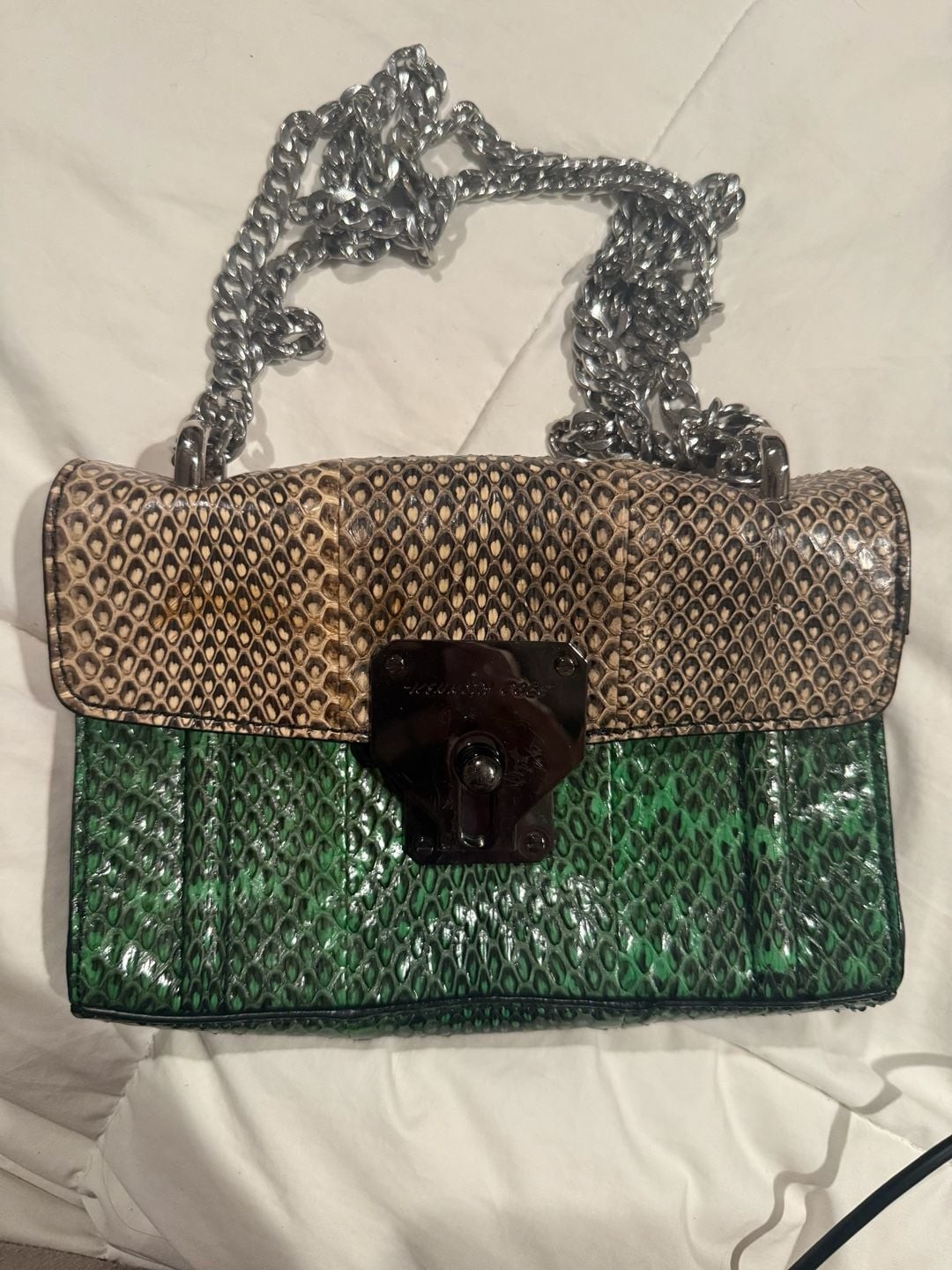 Kenneth Cole Green and Tan Snake Print Chain Strap Shoulder Bag