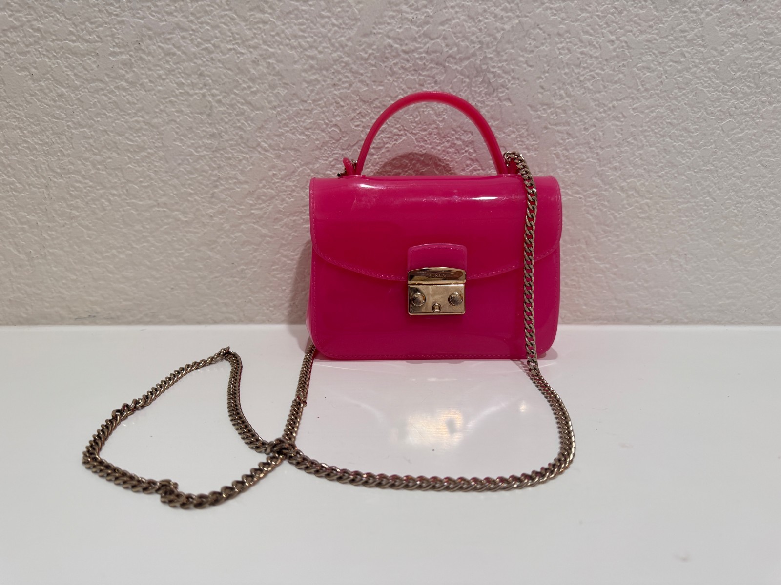 Furla Candy Mini Crossbody Bag Pink Rubber Jelly Top Handle Chain Strap 5″