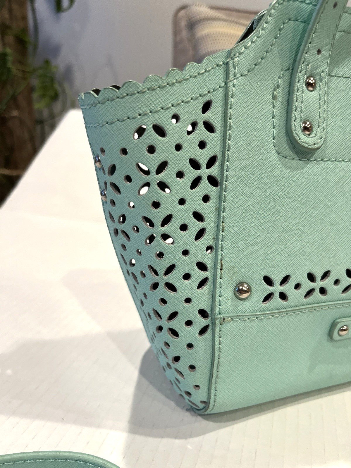 B. Makowsky Mint Green Purse Perforated Saffiano Mini Tessa Leather