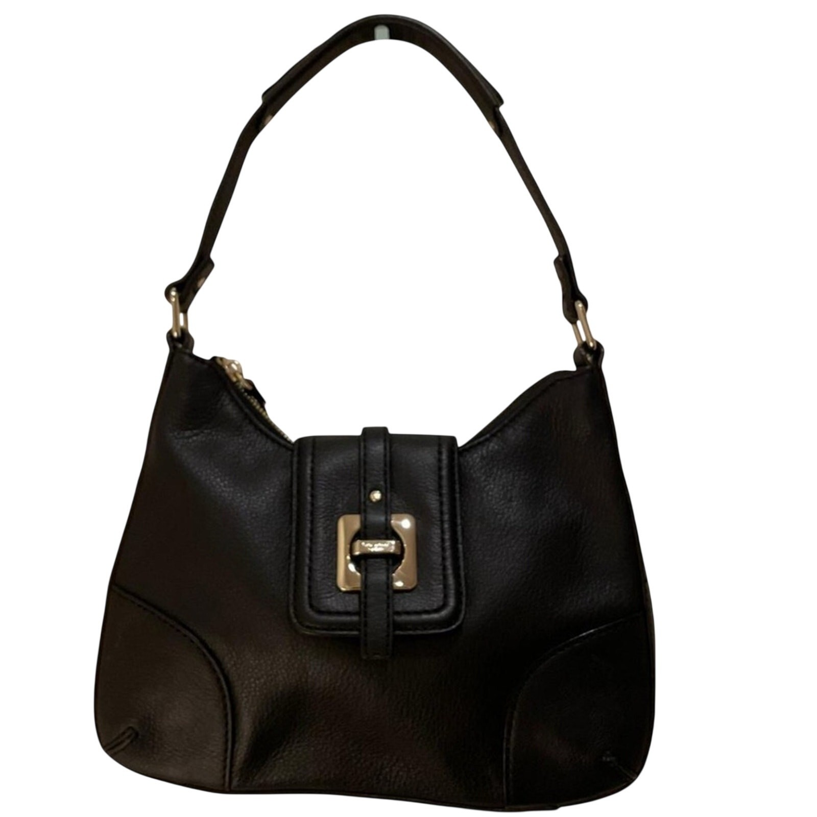 Kate Spade Black Pebbled Leather Hobo Bag Buckle Minimalist Luxury EUC OS