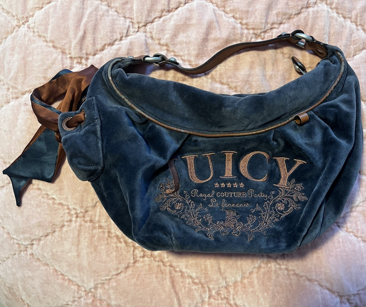 Juicy Couture Blue Hobo Shoulder Bag Zip Closure Brown Leather Strap Gold