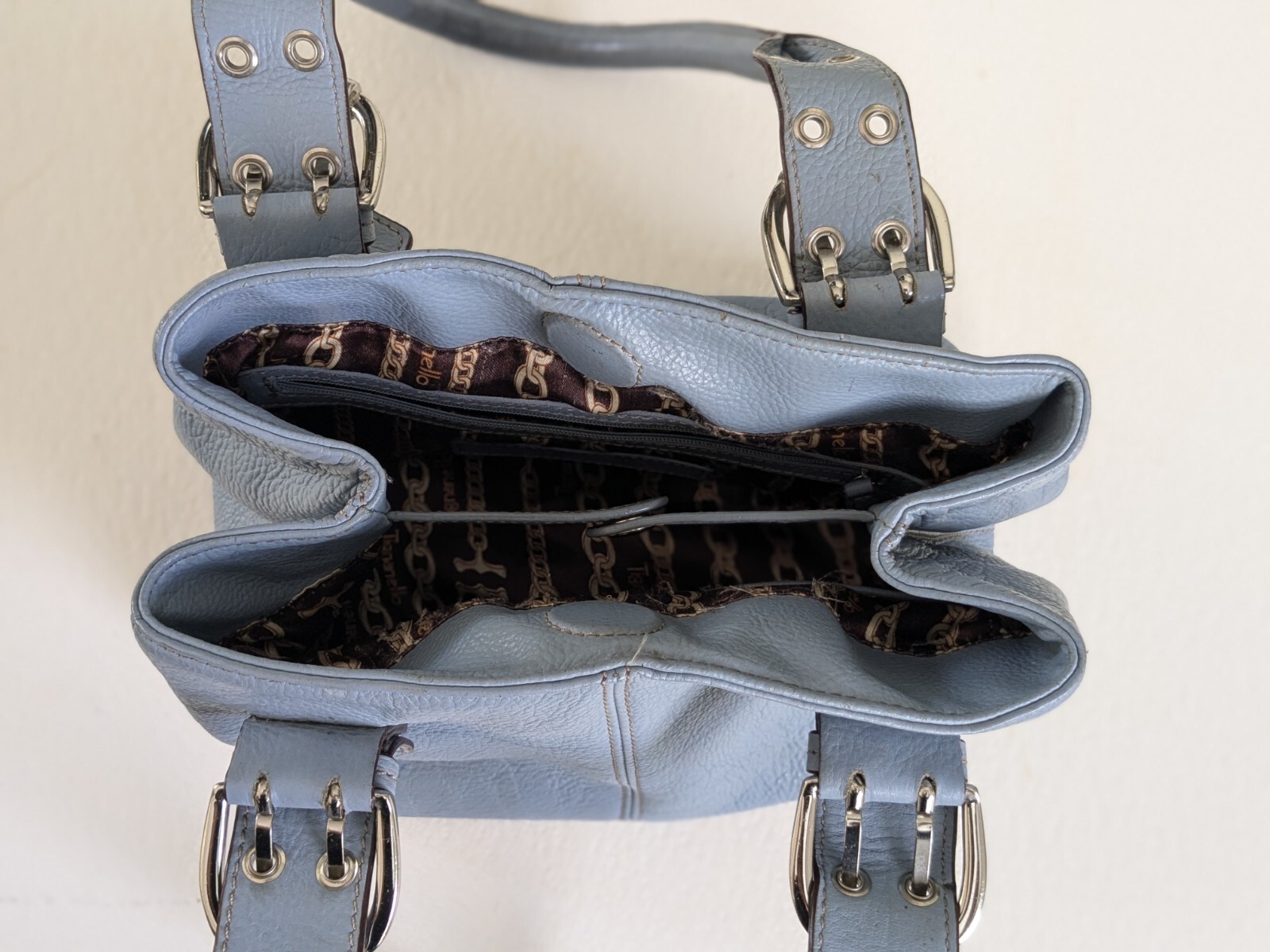 Vintage Tignanello Light Blue / Gray 100% Leather Double Handle Purse Bag