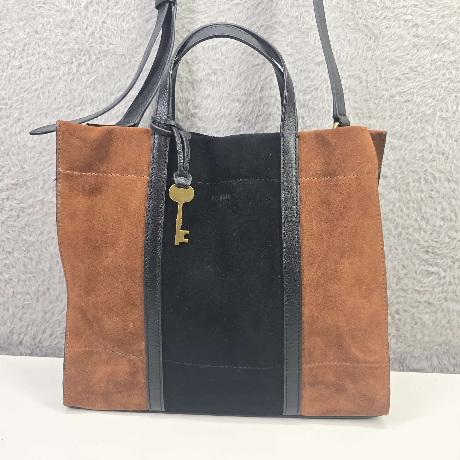 FOSSIL Carmen Shopper Brown Black SUEDE Leather Crossbody Tote Purse
