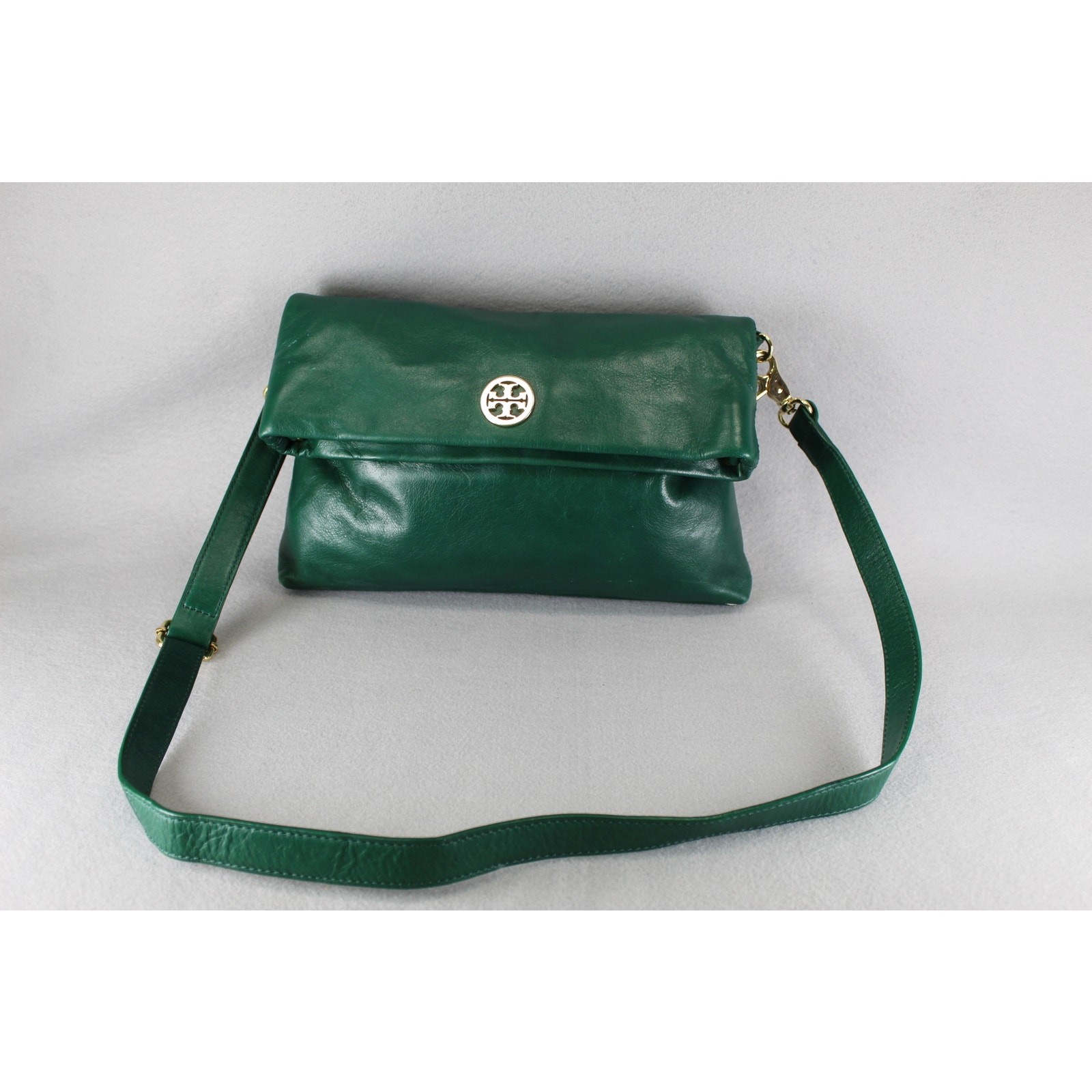 Tory Burch Green Dena Handbag Fold Over Soft Leather Womens
