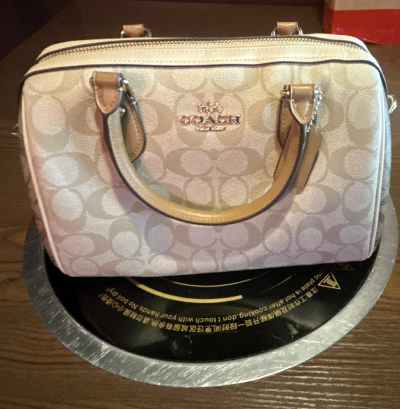 Coach Signature Beige Zip Top Handle Satchel Handbag Purse with Gold Hardware