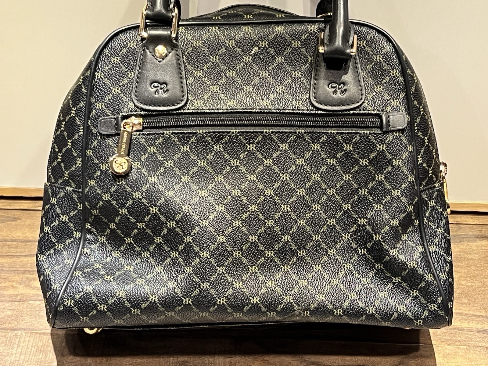 Rioni Moda Italia Signature Leather Satchel Handbag Purse Black Monogram (Read)