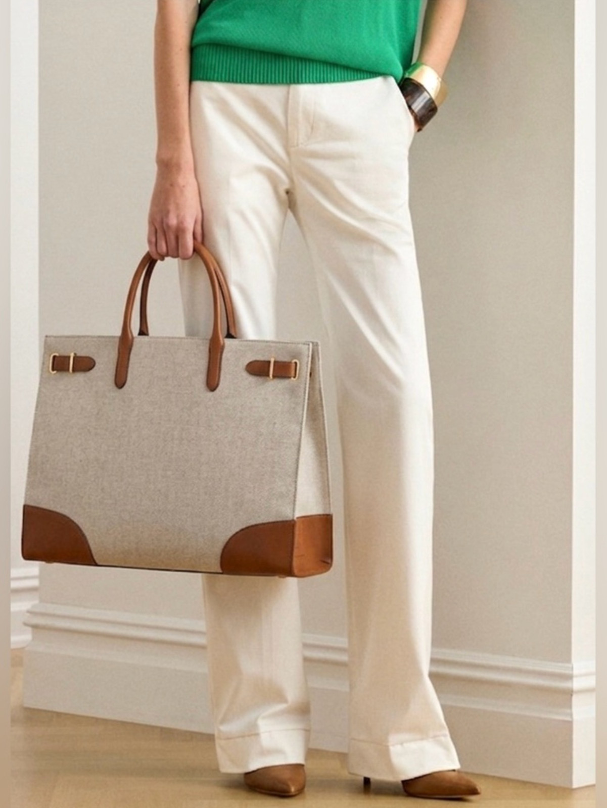Lauren Ralph Lauren Women Vanilla Tan Devyn Canvas Extra-Large Tote Bag NWT