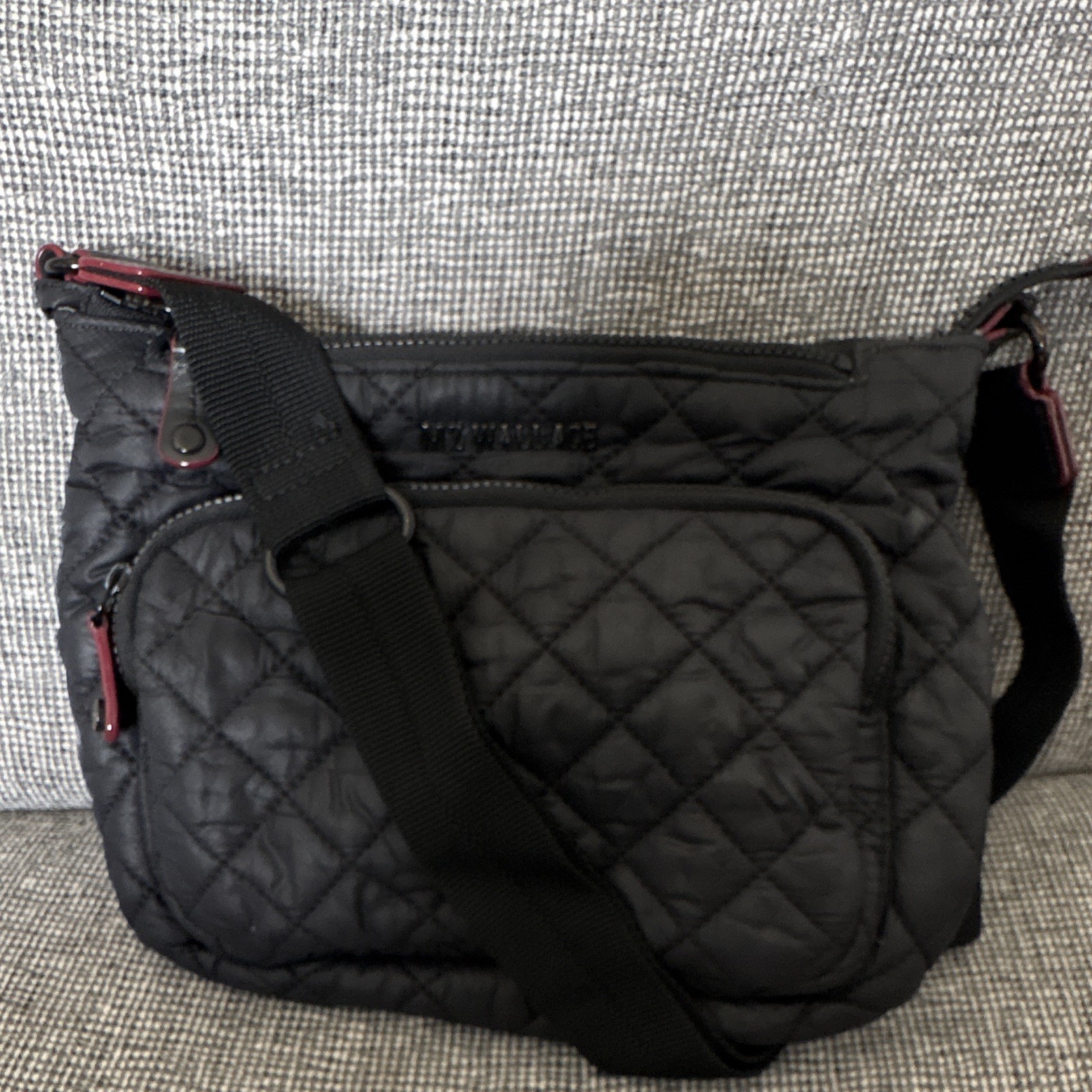 MZ Wallace Crossbody Bag Black Nylon,Tonal Hardware Leather Trim, with porch