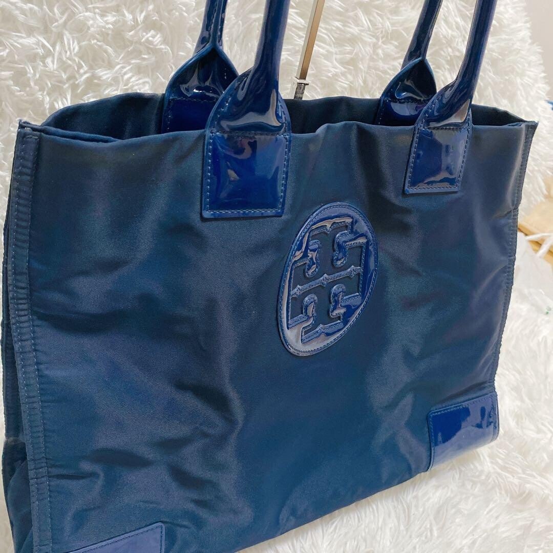 Tory Burch Ella Navy Nylon Patent Tote Bag Women Large 16.7x12x6.1in