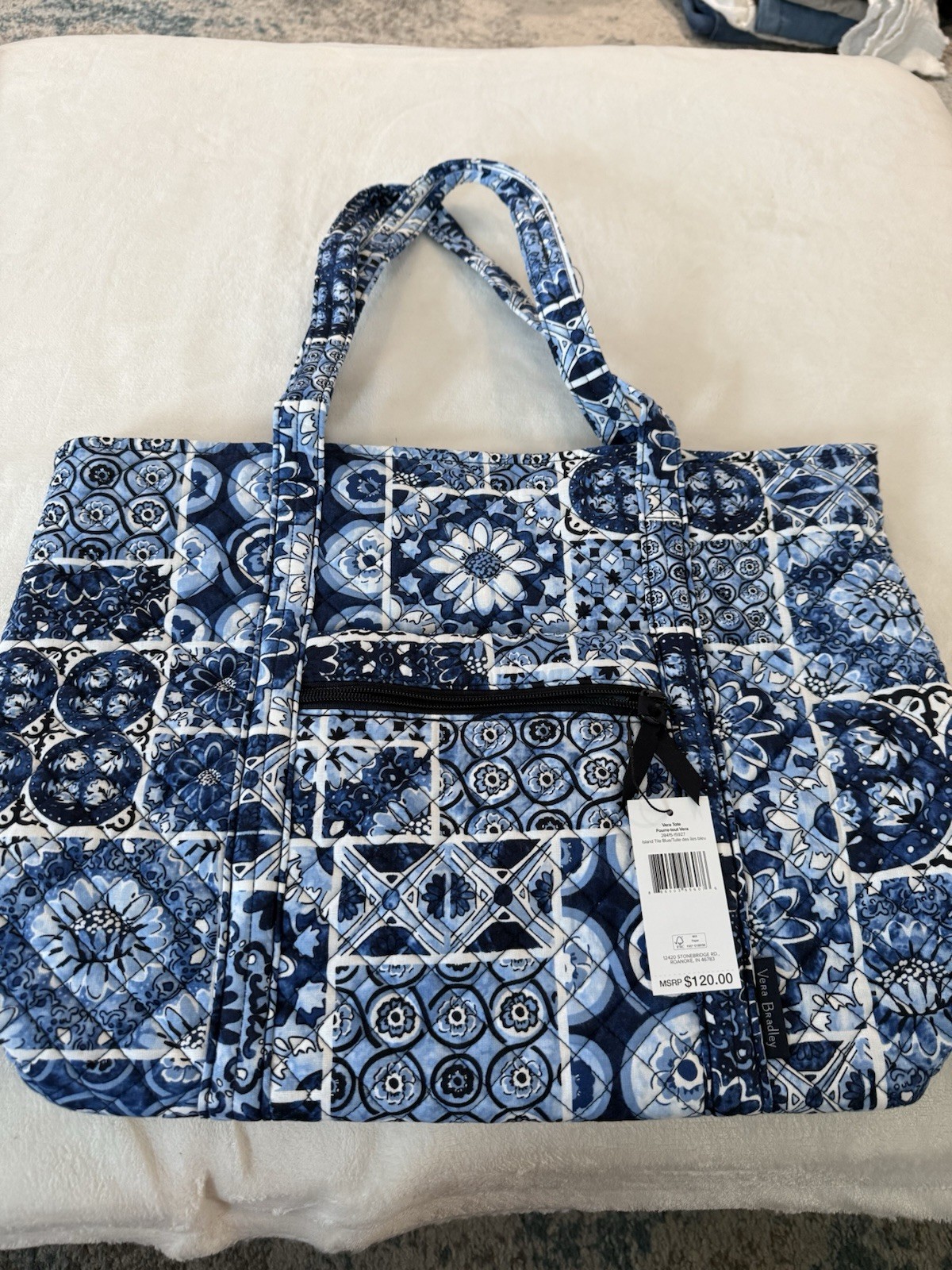 Vera Bradley Women’s Cotton Vera Tote Bag Island Tile Blue NEW Retail $120