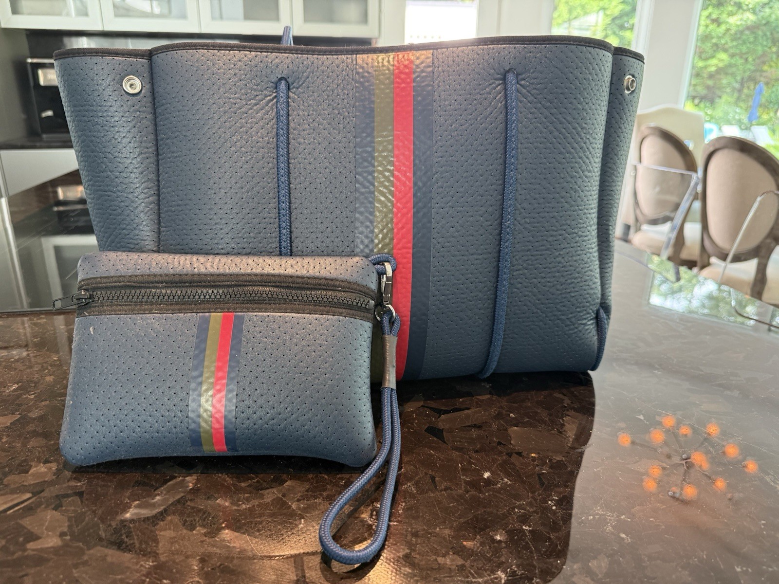 Haute Shore GREYSON ENVY Tote Navy With Stripes Bag And Small Zippered Clutch