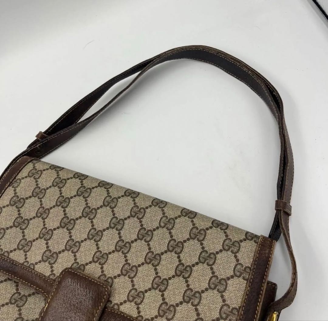 GUCCI Vintage GG Supreme PVC Flap Shoulder Bag Beige Brown 27x21cm Authentic