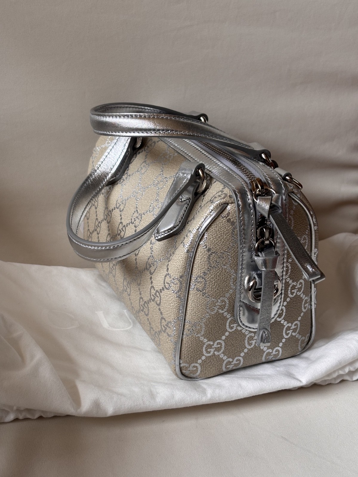 Gucci GG Lurex Emblem Canvas Small Top-Handle Bag in Silver – BRAND NEW