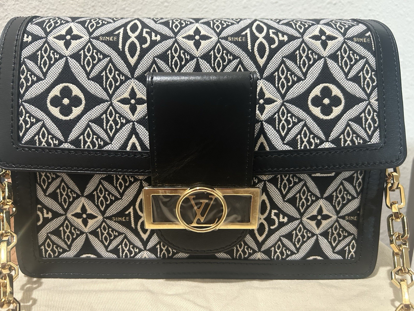 Louis Vuitton Black/White Monogram Shoulder Bag, Gold Chain Strap, Lock