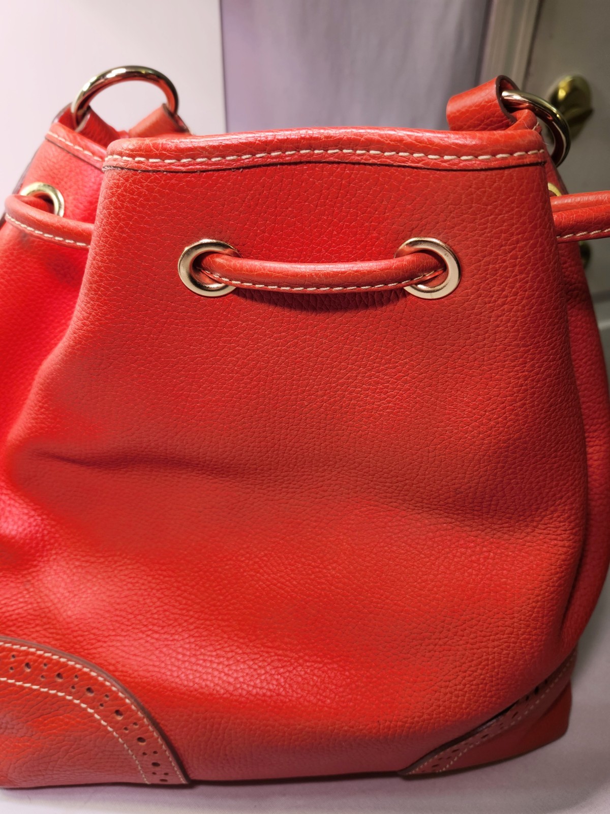 Dooney & Bourke Pebble Leather Red Tassel Satchel • Raised Button Logo J7343515