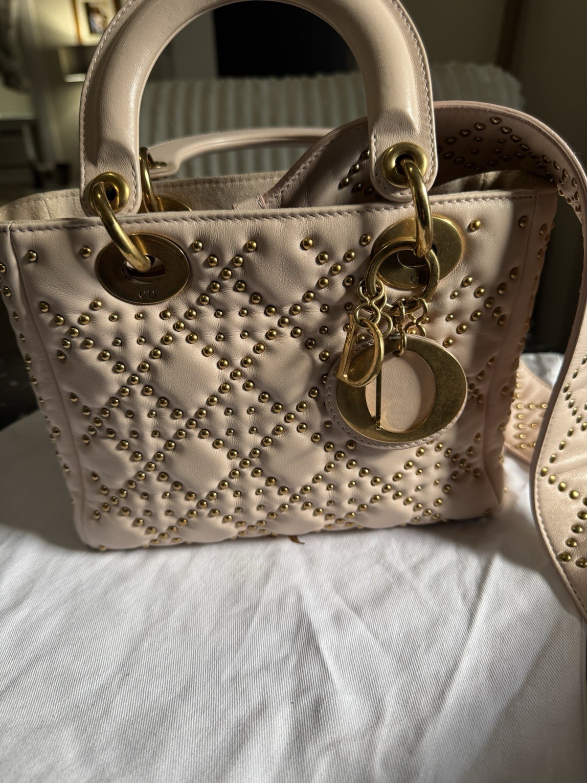 Christian Dior Women’s Pink Supple Lady Leather Cannage Stud Shoulder Purse Bag