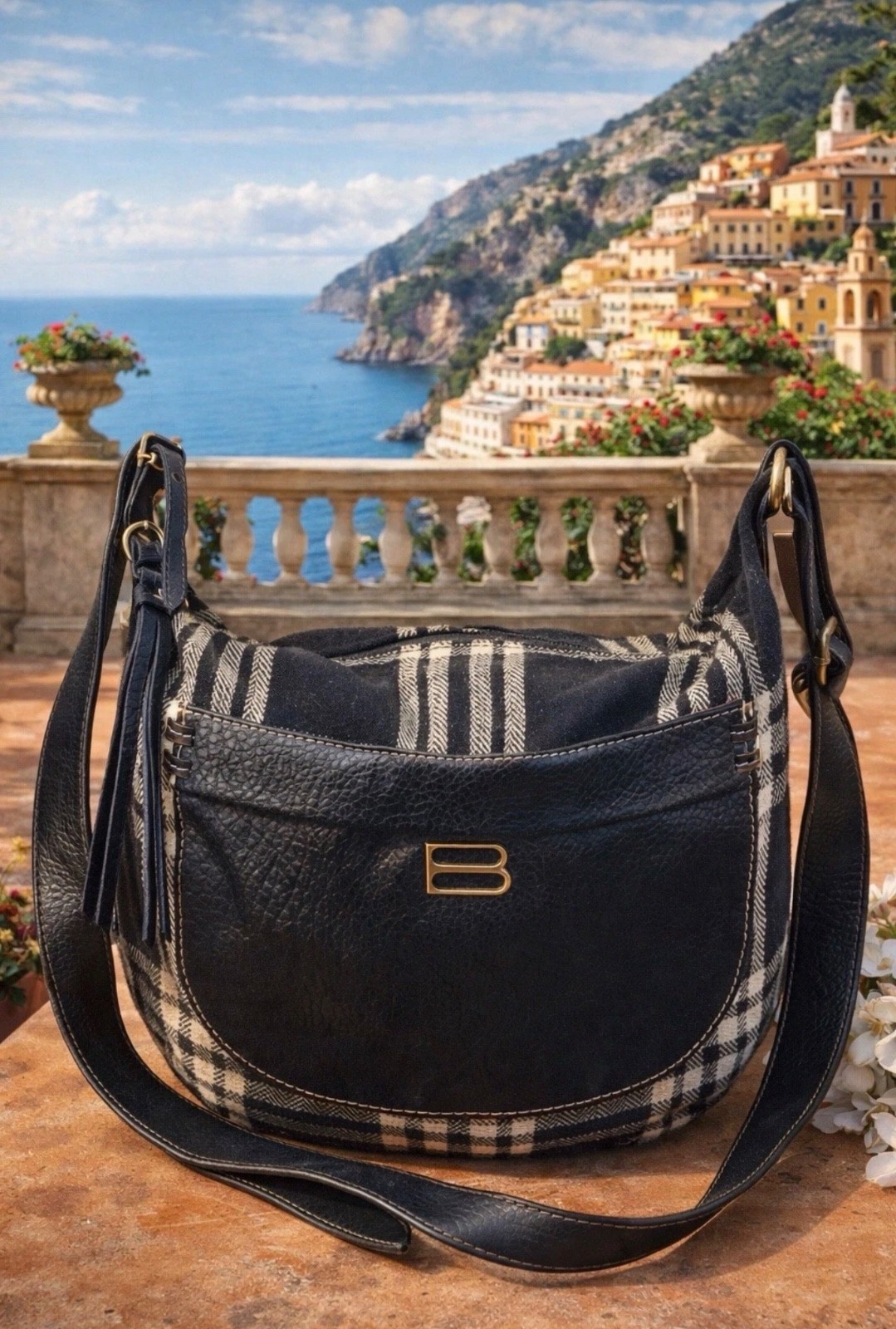 Bandolino Hobo Crossbody Black Leather Plaid Fabric Purse Handbag Pink Interior