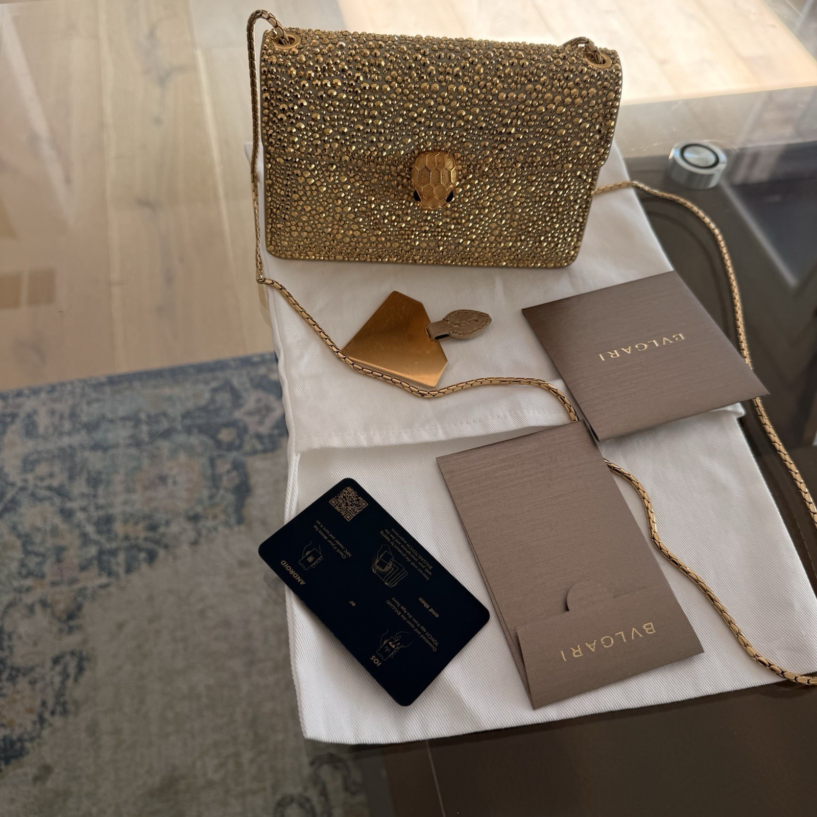 Bvlgari Serpenti Gold Metallic Crystal Snake Small Crossbody Bag Chain Strap