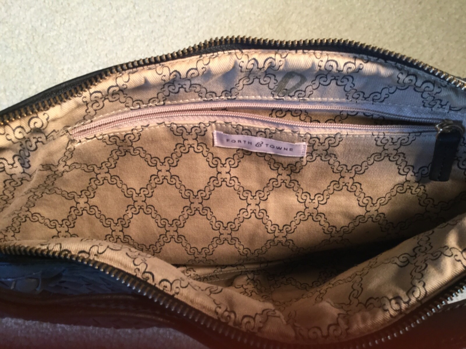 Forth & Towne black woven leather satchel with sturdy zip closure,lined 4 pocket