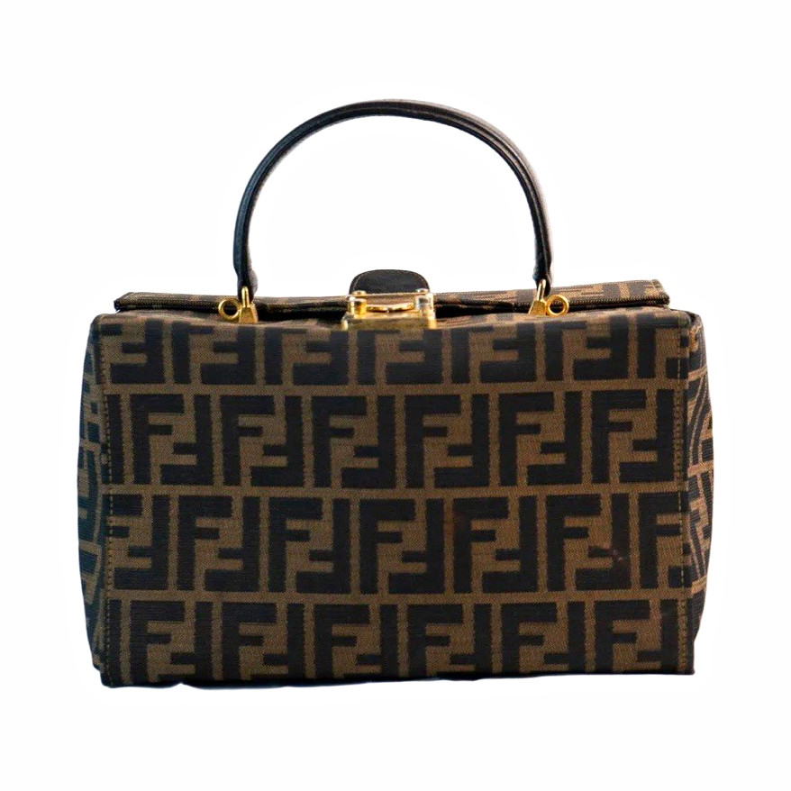 Fendi Zucca FF Monogram Small Top Handle Bag Detachable Strap Brown Black Gold