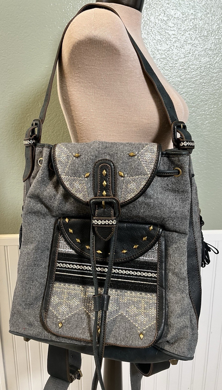 Isabella Fiore Gray Studded Geometric Backpack Bohemian festival embroidered
