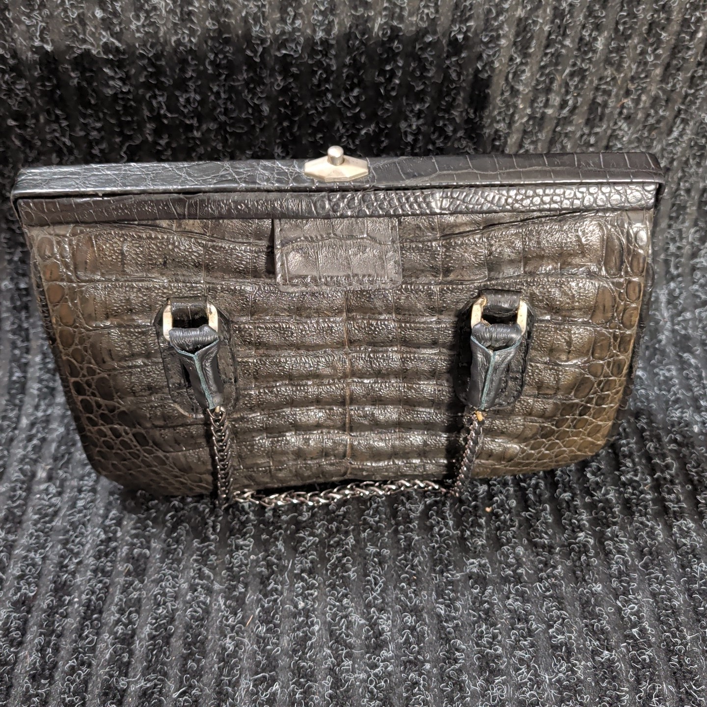 Vintage 50s Alligator Black Handbag Leather Possibly Bellestone Chain Straps