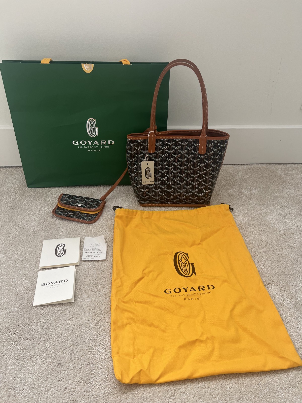 Goyard Anjou Mini Tote Black Goyardine Tan Leather Full Set NWT